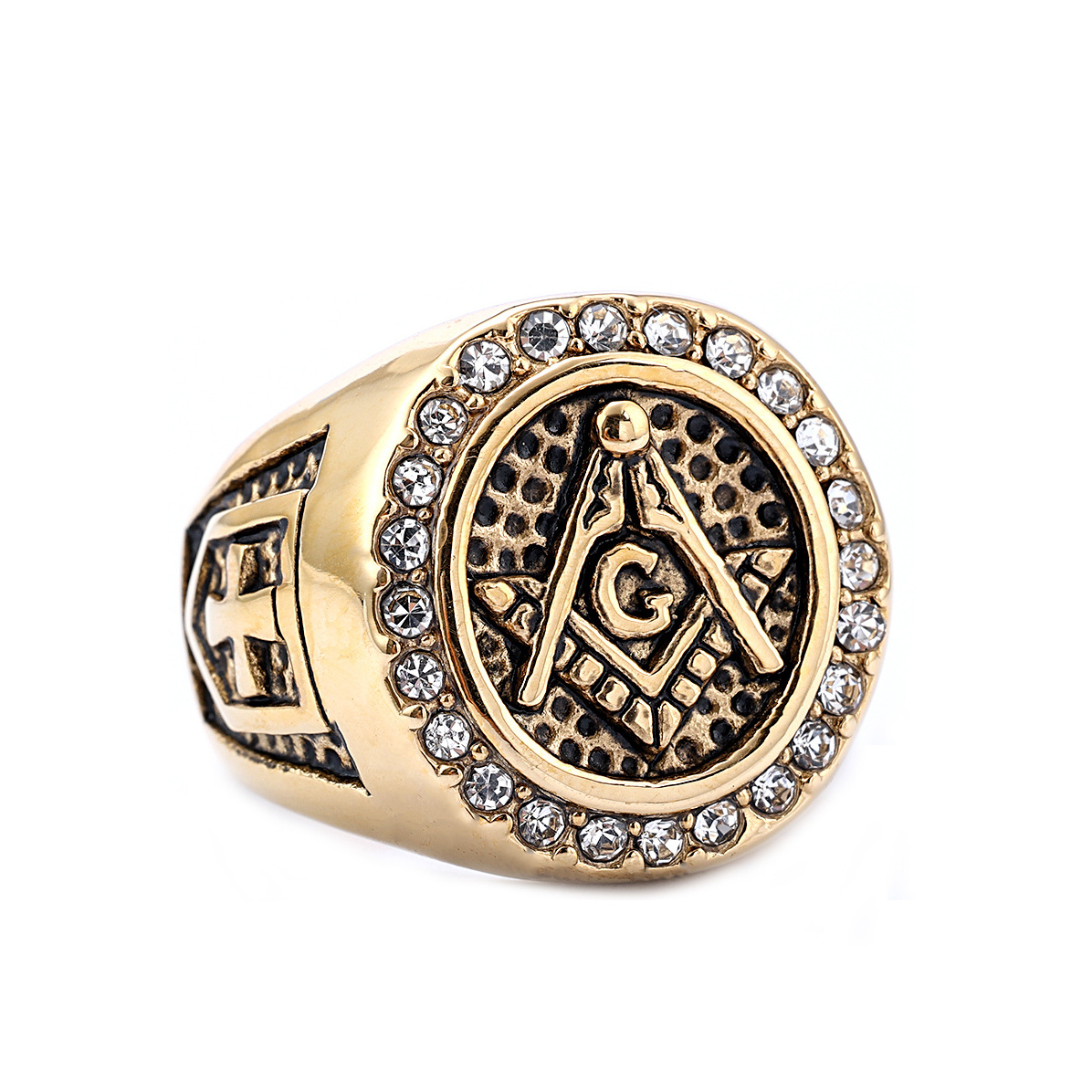 Gold Plated Vintage Zircon Diamonds Freemason Masonry Men Ring Stainless Steel Jewelry Master Masonic Stone Signet Ring For Men