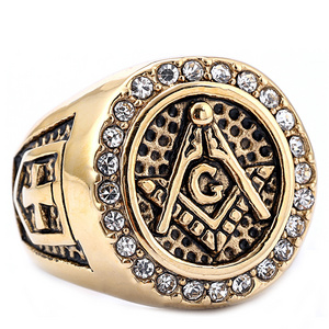 Gold Plated Vintage Zircon Diamonds Freemason Masonry Men Ring Stainless Steel Jewelry Master Masonic Stone Signet Ring For Men