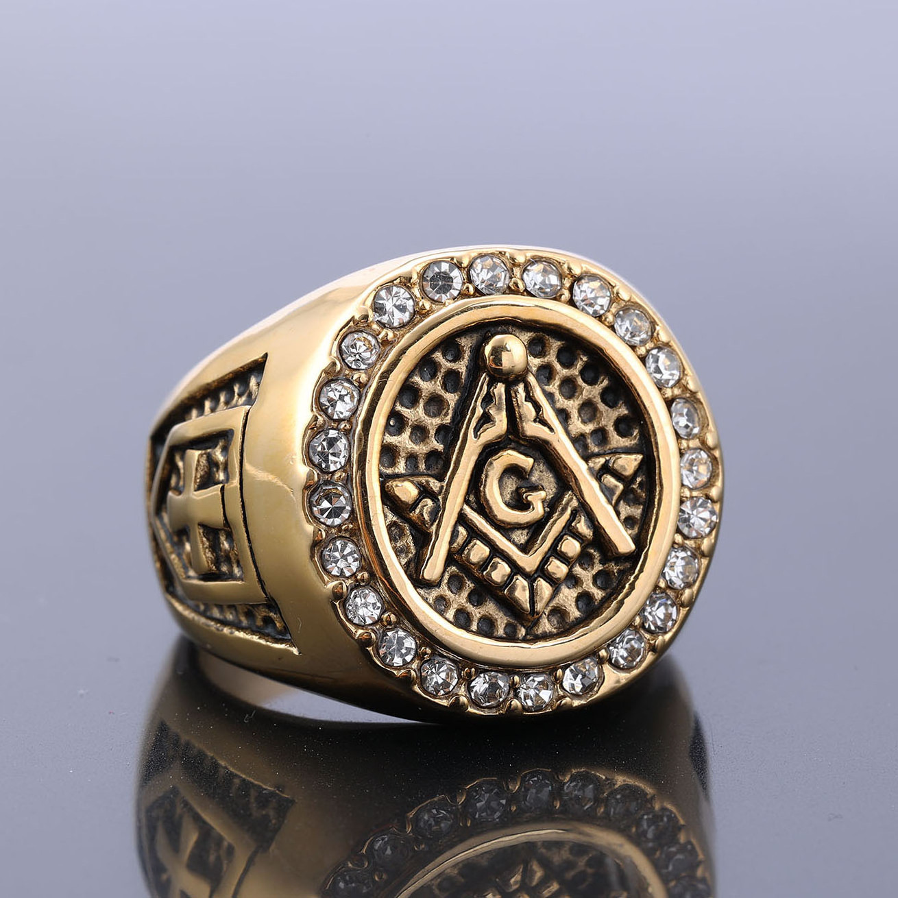 Gold Plated Vintage Zircon Diamonds Freemason Masonry Men Ring Stainless Steel Jewelry Master Masonic Stone Signet Ring For Men