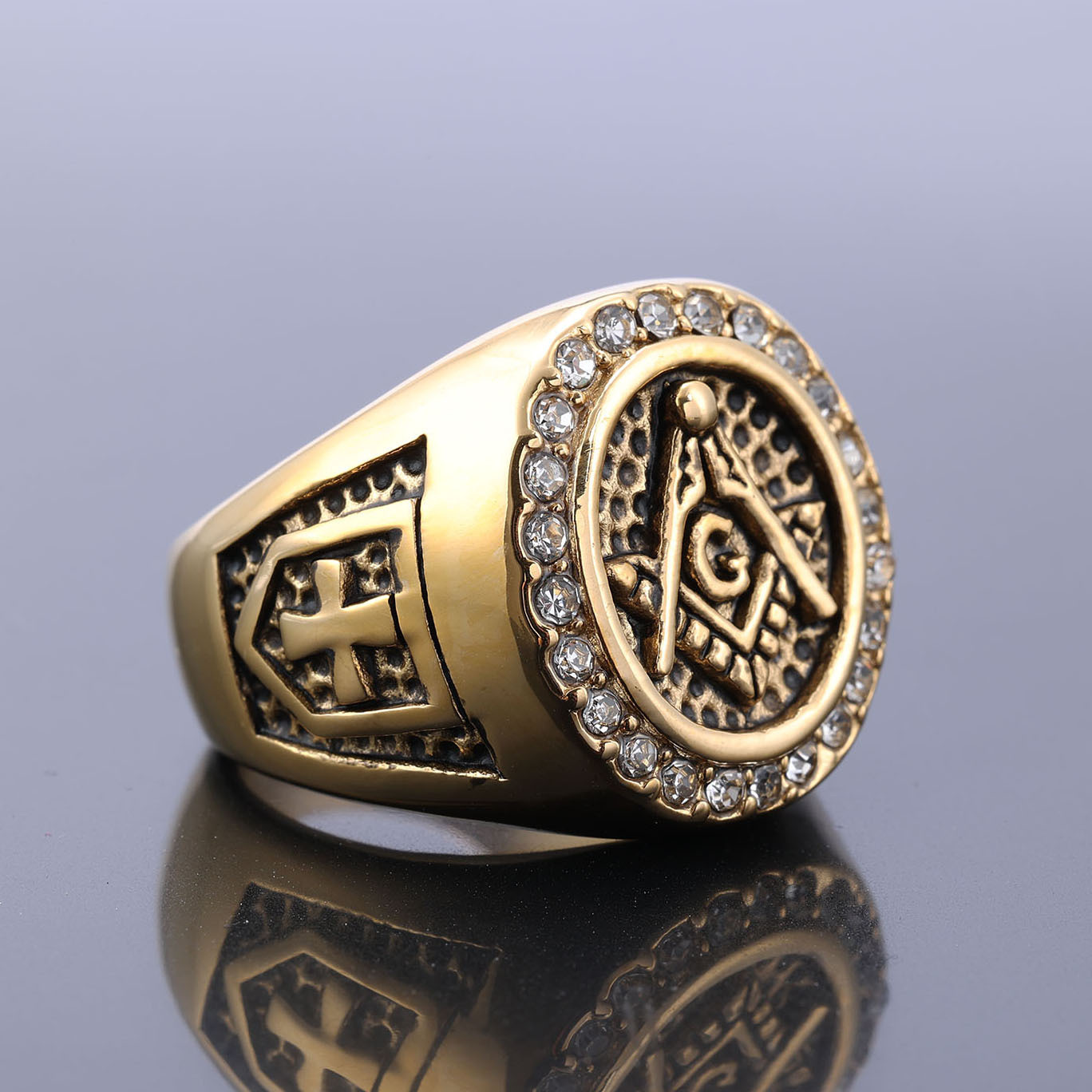 Gold Plated Vintage Zircon Diamonds Freemason Masonry Men Ring Stainless Steel Jewelry Master Masonic Stone Signet Ring For Men