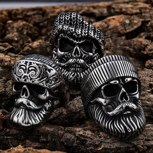 Casting Trendy Mens Stainless Steel Gangster Big Beard Skull Rings Punk Hip Hop Old Man Biker Beard Skull Party Ring