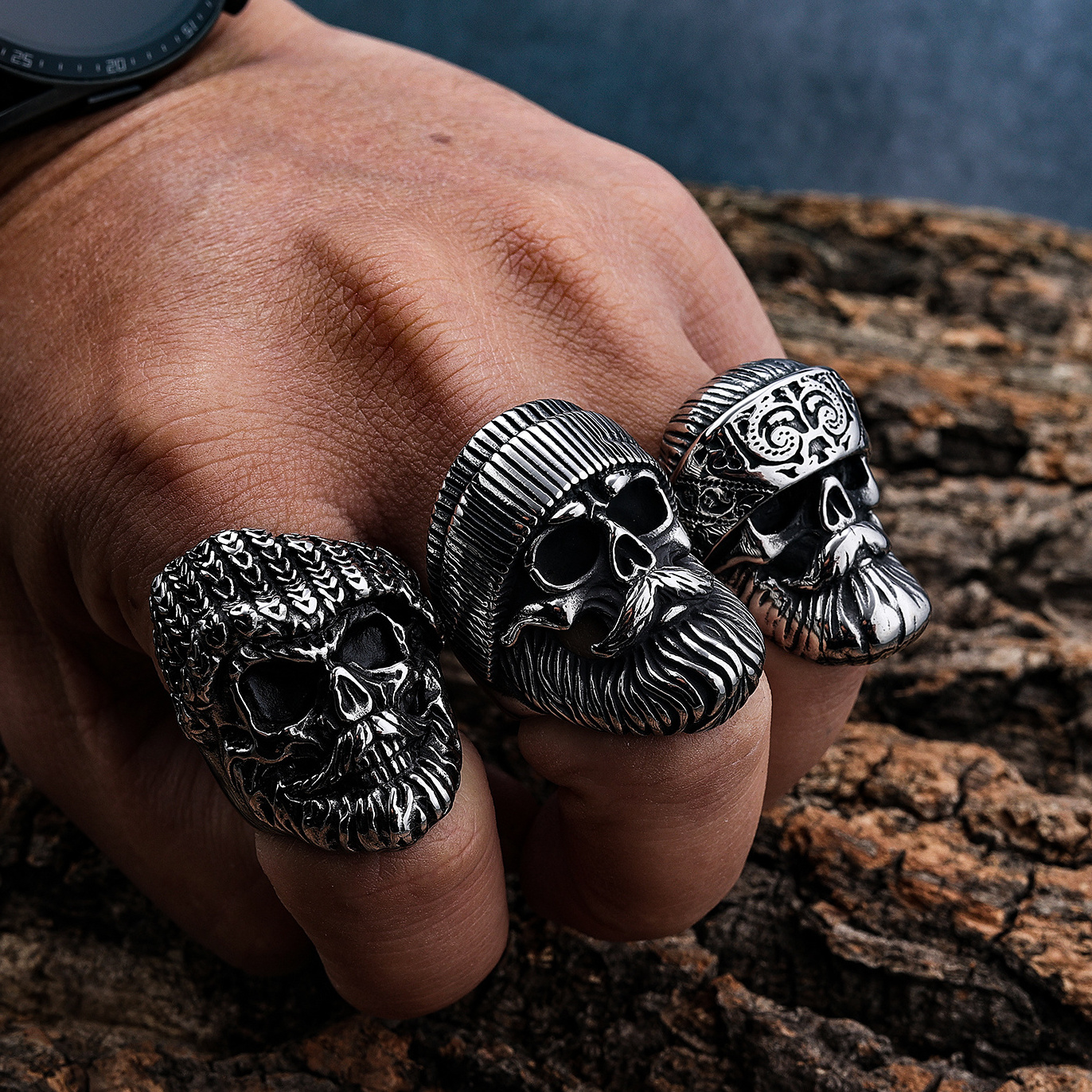 Casting Trendy Mens Stainless Steel Gangster Big Beard Skull Rings Punk Hip Hop Old Man Biker Beard Skull Party Ring