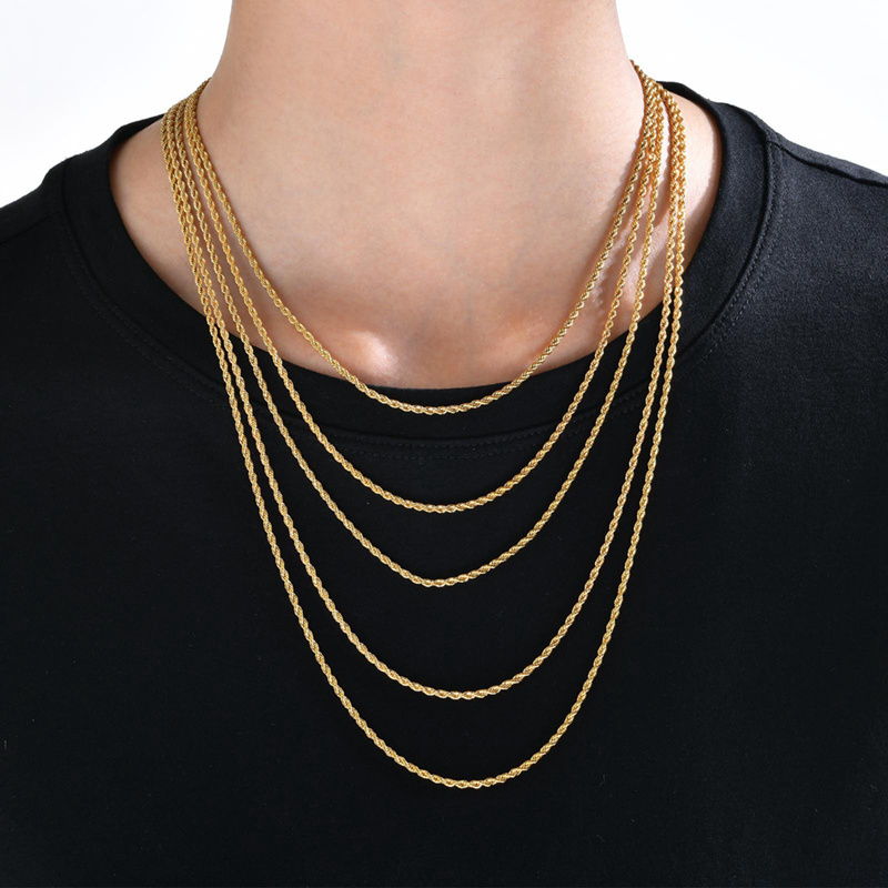 Wholesale 2mm 3mm 4mm 5mm Stainless Steel IP Plated Gold Vermeil Thin Rope Twisted Rope Chain Necklace For Man Women