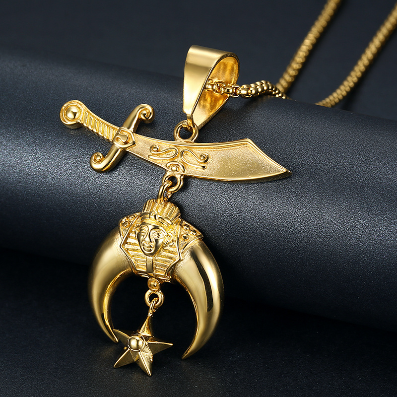 Stainless Steel Gold Shriner Pendant Silver Gold Mason Masonic Moon Symbol Charms Necklace for Women Men