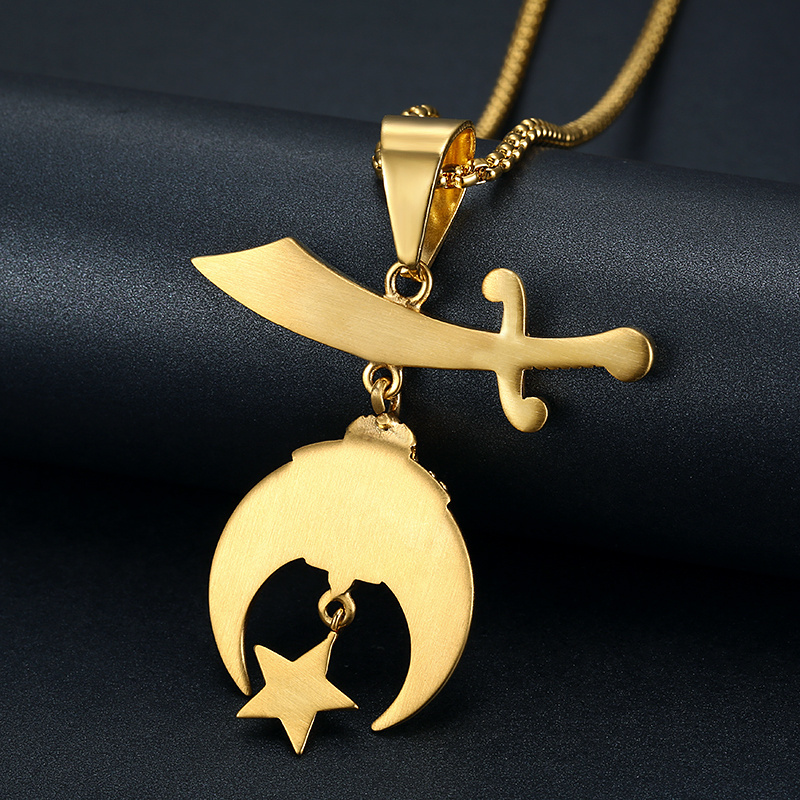 Stainless Steel Gold Shriner Pendant Silver Gold Mason Masonic Moon Symbol Charms Necklace for Women Men