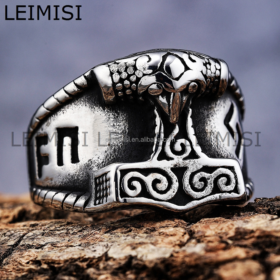 Norse Viking Jewelry Mens Stainless Steel Thor's Hammer Odin Valknut Warrior Vikings Rings Customized for Men Women