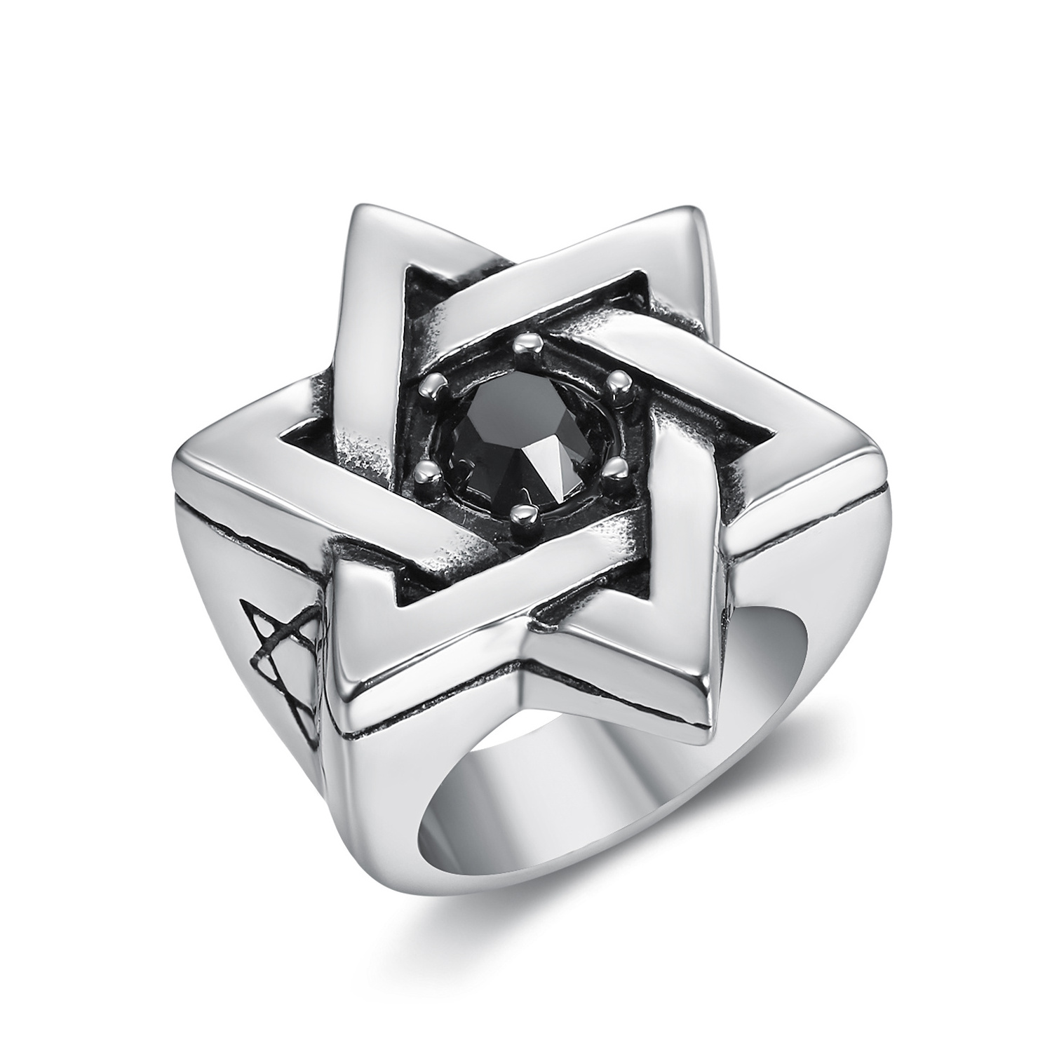 Men Stainless Steel Jewish jewelry Gemstone Black Zirconia Star Of David Hexagram Signet Band Silver Protect Ring