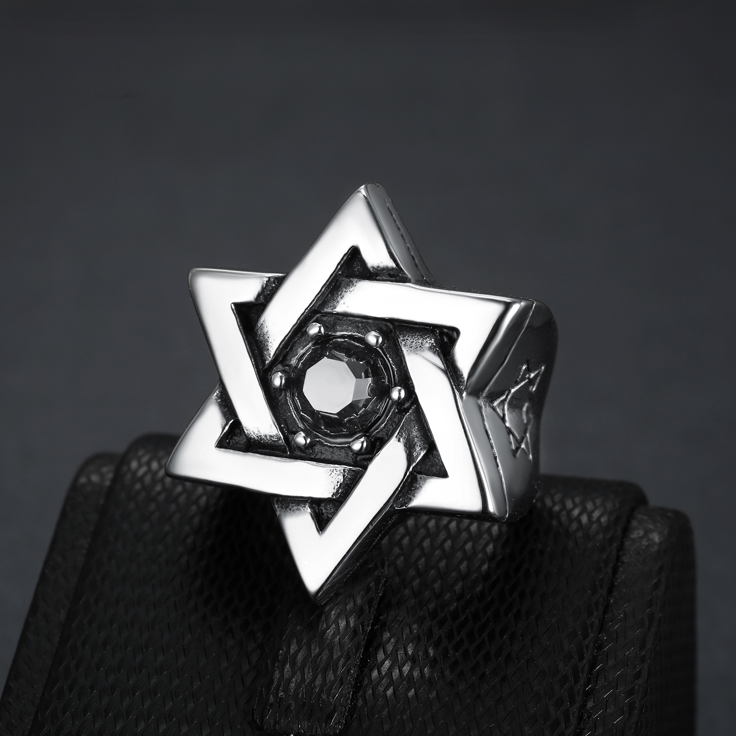 Men Stainless Steel Jewish jewelry Gemstone Black Zirconia Star Of David Hexagram Signet Band Silver Protect Ring