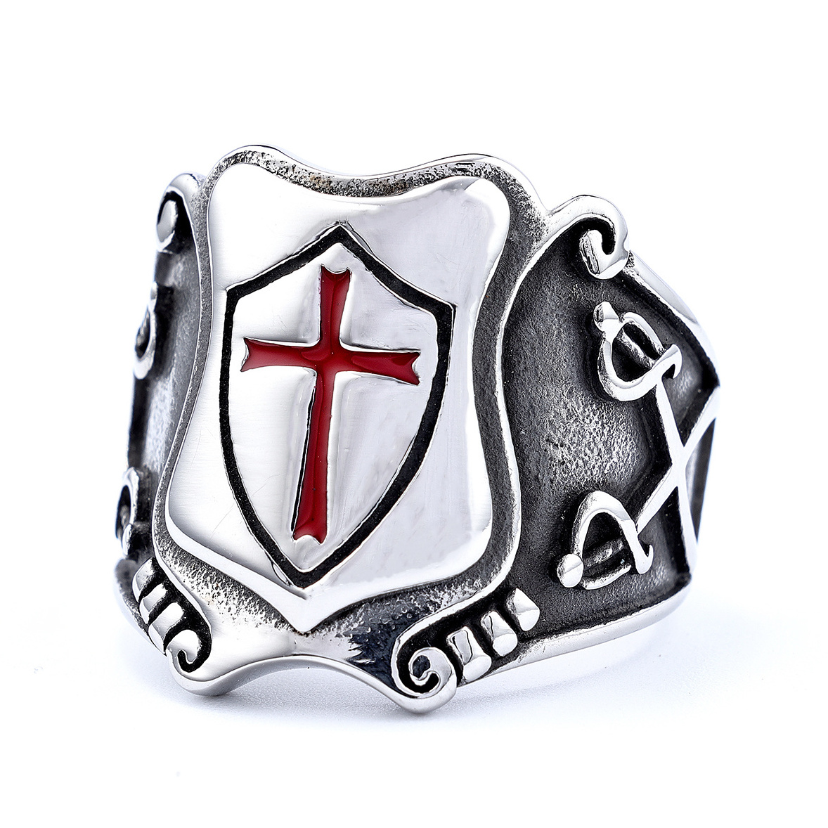 Stainless Steel Europe medieval style Jewelry ring red cross shield double swords knight templar crusaders signet rings for men