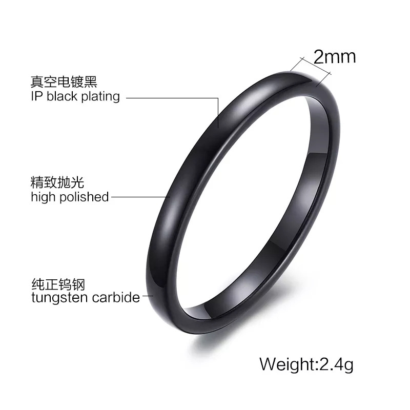 2mm IP Black Gold Plating Dome Tungsten Carbide High Polished Couple Ring Engagement Wedding Band