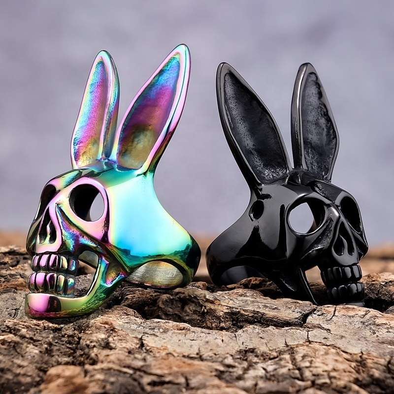 Hot Punk Gothic Jewelry Stainless Steel Rainbow Color Zodiac Animal Rabbit Skull Punk Ring