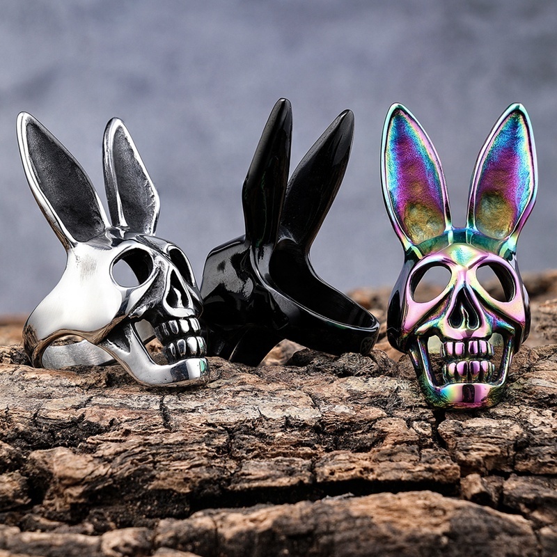 Hot Punk Gothic Jewelry Stainless Steel Rainbow Color Zodiac Animal Rabbit Skull Punk Ring