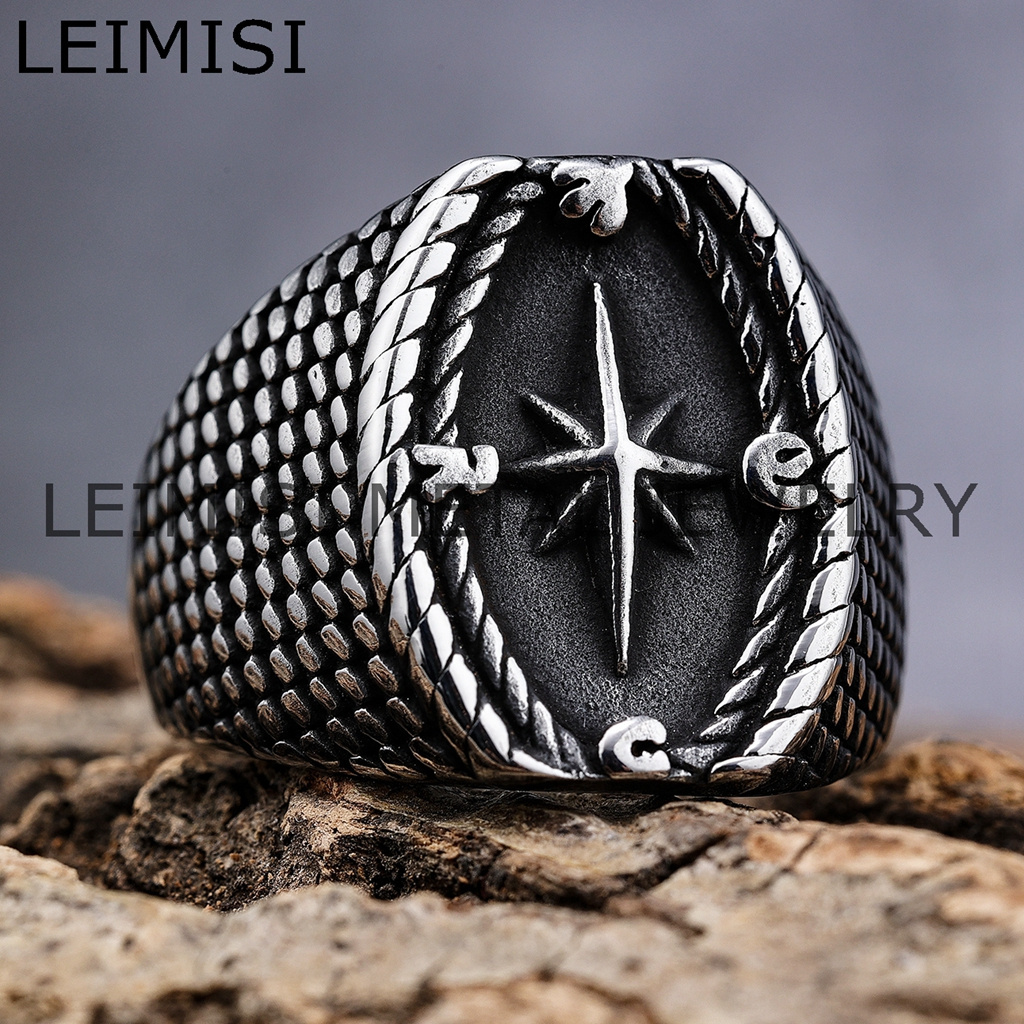 Hip Hop Stainless Steel Viking Jewelry Punk Norse Star Navigation Compass Cross Navy Rings for Men Women