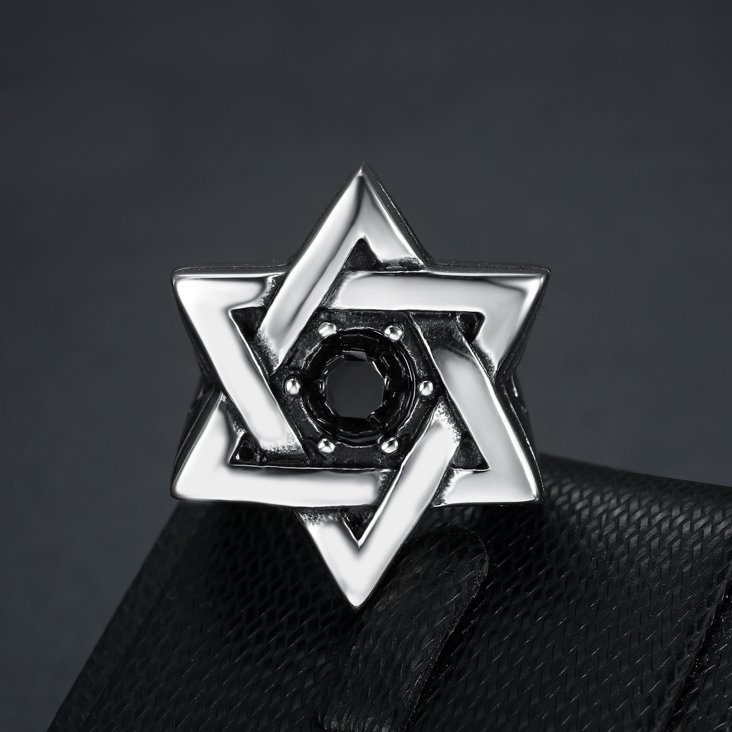 Men Stainless Steel Jewish jewelry Gemstone Black Zirconia Star Of David Hexagram Signet Band Silver Protect Ring