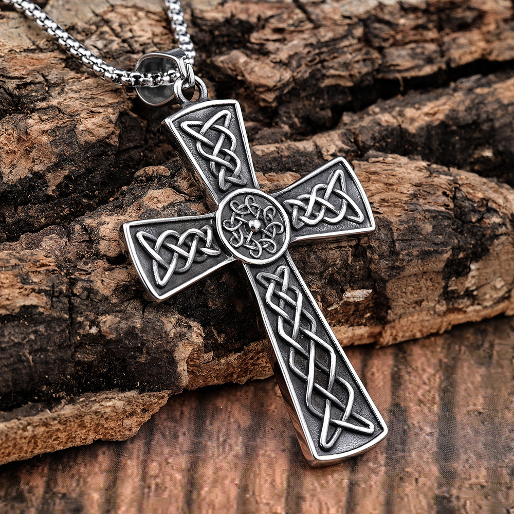 RTS Wholesale retro fashion jewelry stainless steel vintage big norse viking Irish celtic knots cross necklace pendant for man