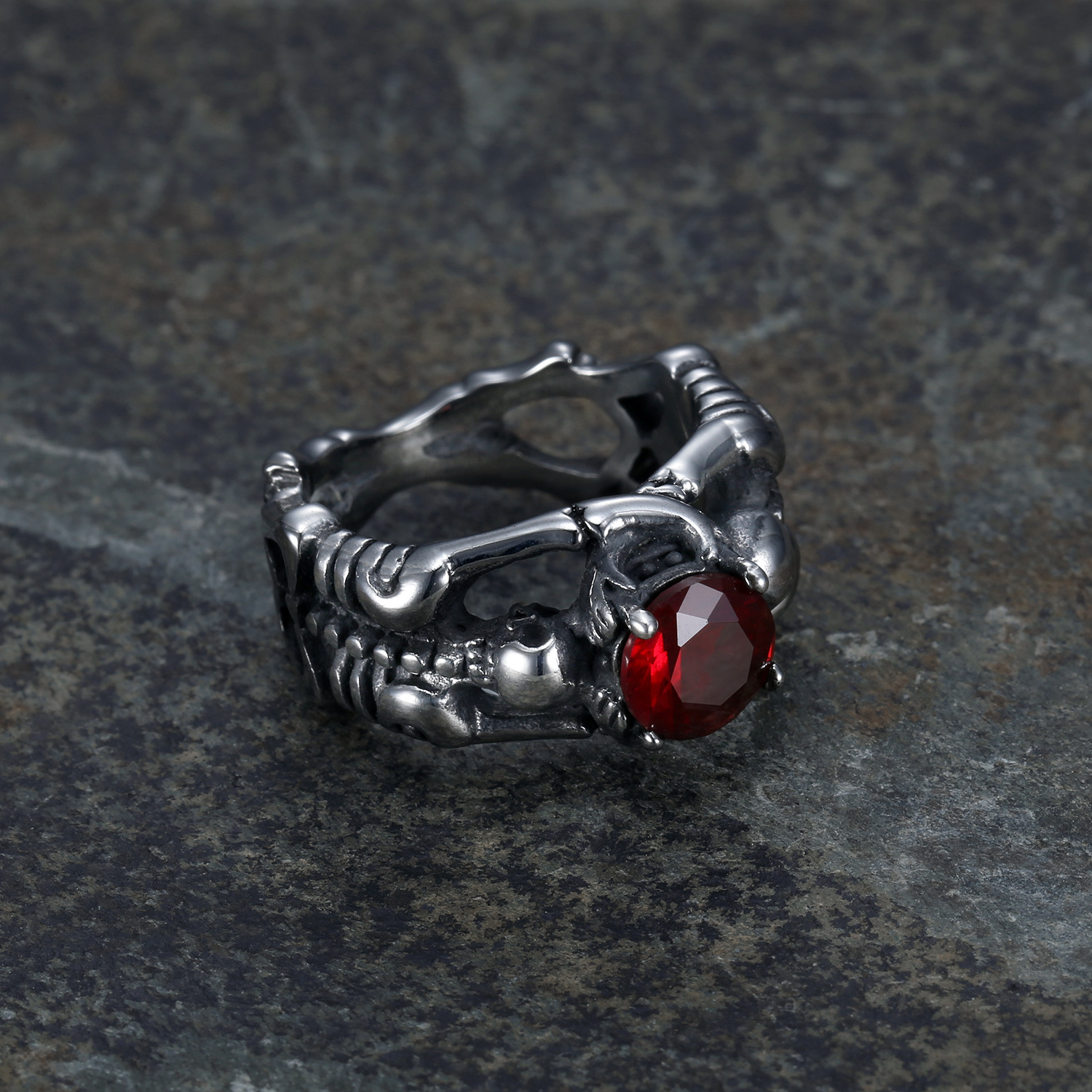 Custom Gothic Retro Silver Black Red Diamond Birthstone  Zircon Skull Skeleton Wedding Rings for Ladies Biker Jewelry Design