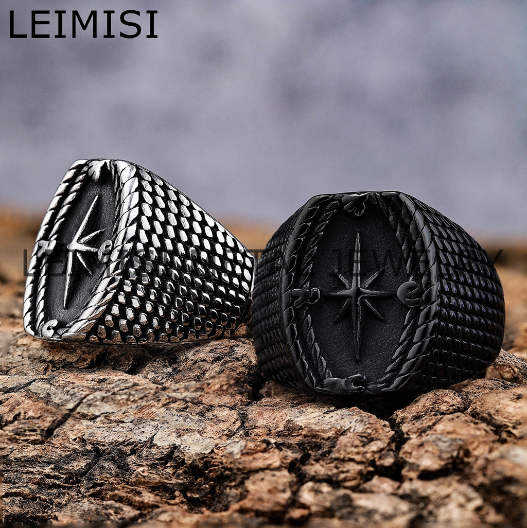 Hip Hop Stainless Steel Viking Jewelry Punk Norse Star Navigation Compass Cross Navy Rings for Men Women