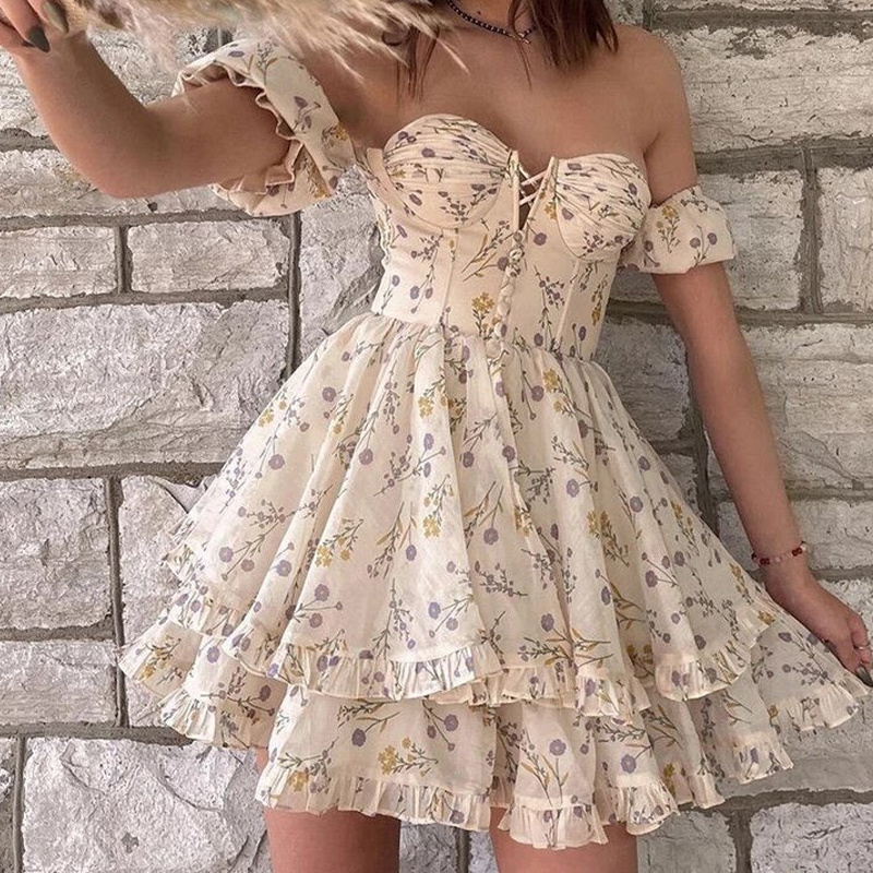 Hollow Out Backless Off Shoulder Ladies Dresses Casual Sexy Woman Summer Dress Print Floral Sweet Cute A-Line Flare Mini Dress