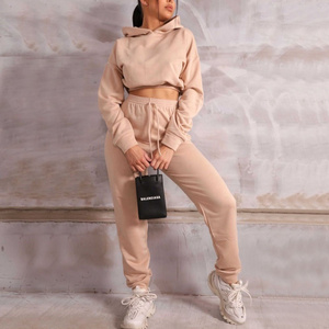 high quality crop top hoodie set custom logo organic cotton cream side pocket women cropped hoodies and sweat pants set