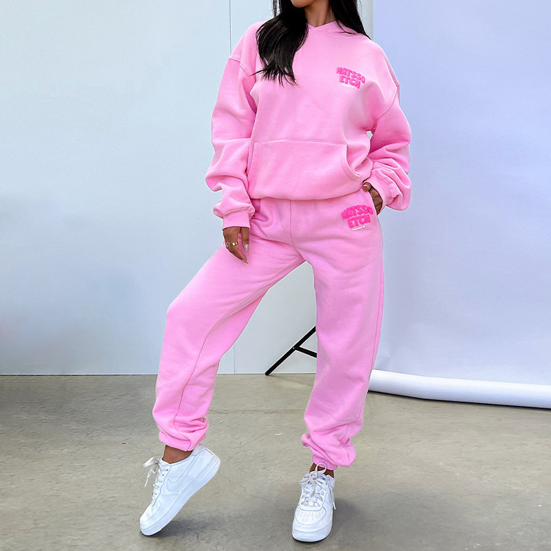 Manufacturers OEM Custom LOGO Pink 3d Puff Print Women's streetwear for sweatpants Pullover Oversized Hoodie And Joggers Set