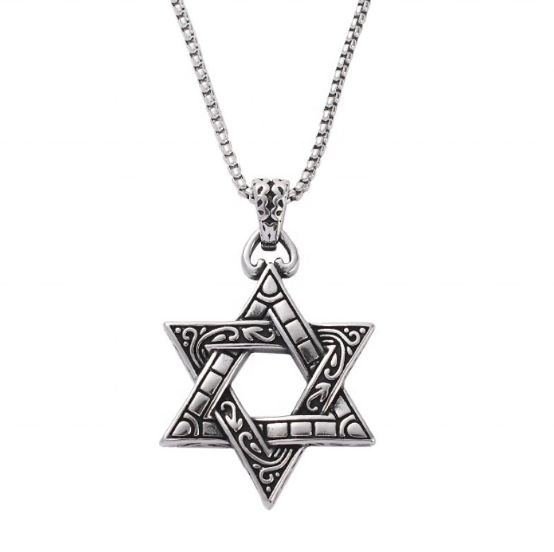 Stainless steel hexagram star necklace retro hollow Six-pointed star pendant necklace Hip hop necklace