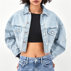 2021 ZY wholesale short style frayed hem light blue women crop denim jackets in bulk