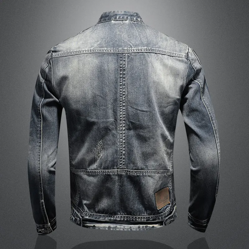 ZY 2023 Men's motorcycle denim jackets stand collar  two zipper pockets zipper placket slim fit denim jacket coat mens