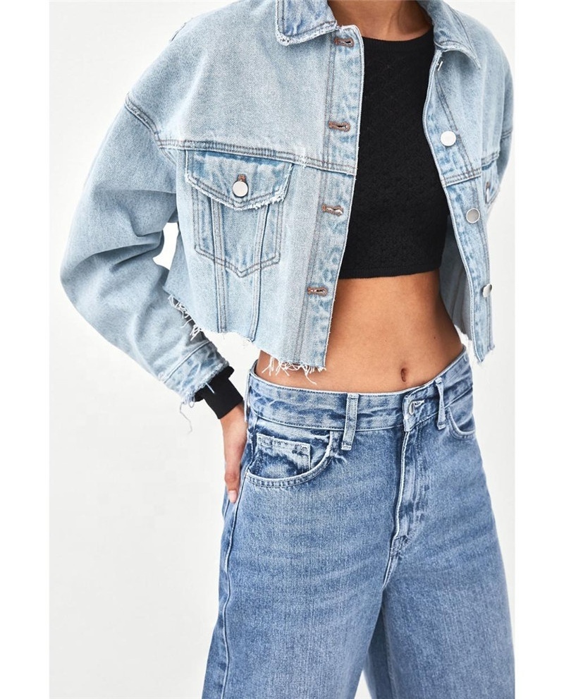 2021 ZY wholesale short style frayed hem light blue women crop denim jackets in bulk