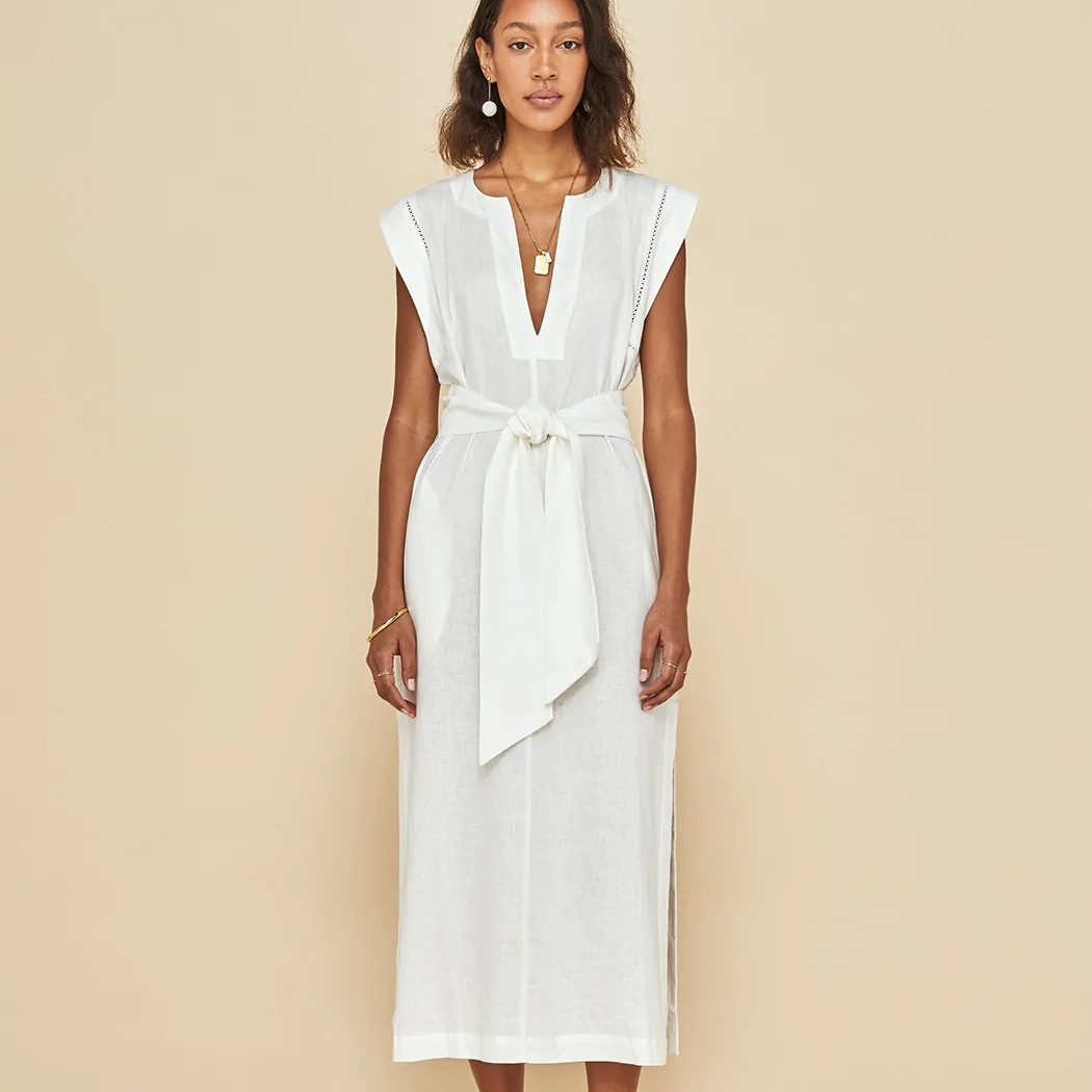 New Trendy Wholesale Women  Deep V Neck Sleeveless Tie Front White Linen Maxi Dress