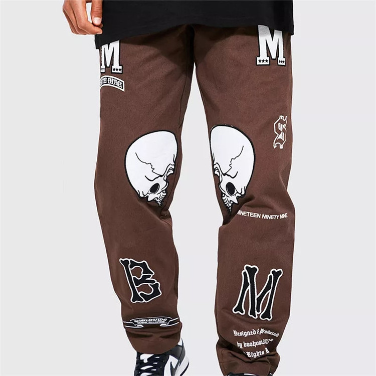 OEM street sweatpants oversized cotton mens trousers Custom Embroidery Skeleton Puff Printing Stacked Jogging Pants