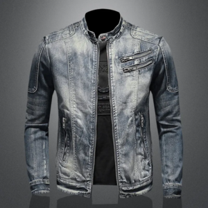 ZY 2023 Men's motorcycle denim jackets stand collar  two zipper pockets zipper placket slim fit denim jacket coat mens