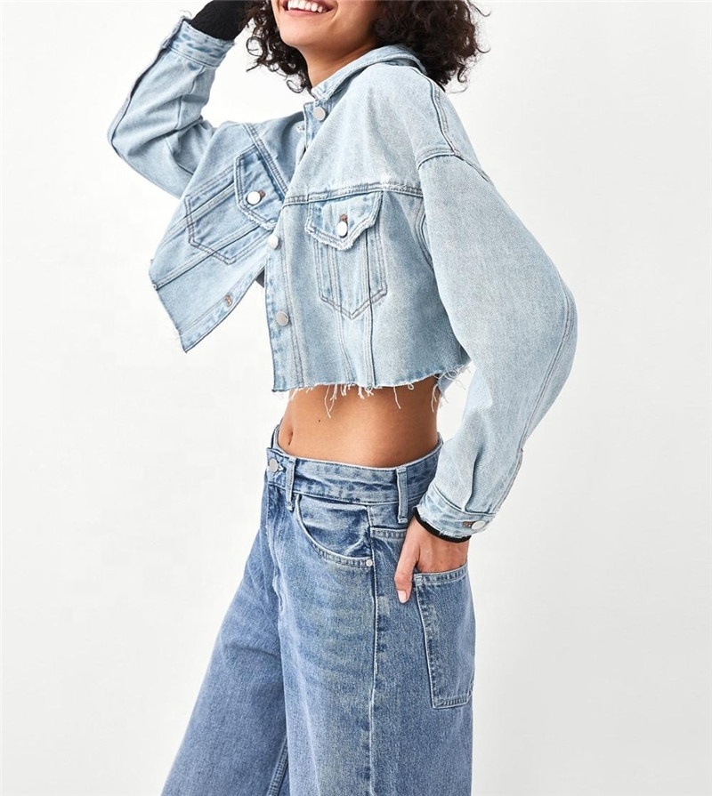 2021 ZY wholesale short style frayed hem light blue women crop denim jackets in bulk