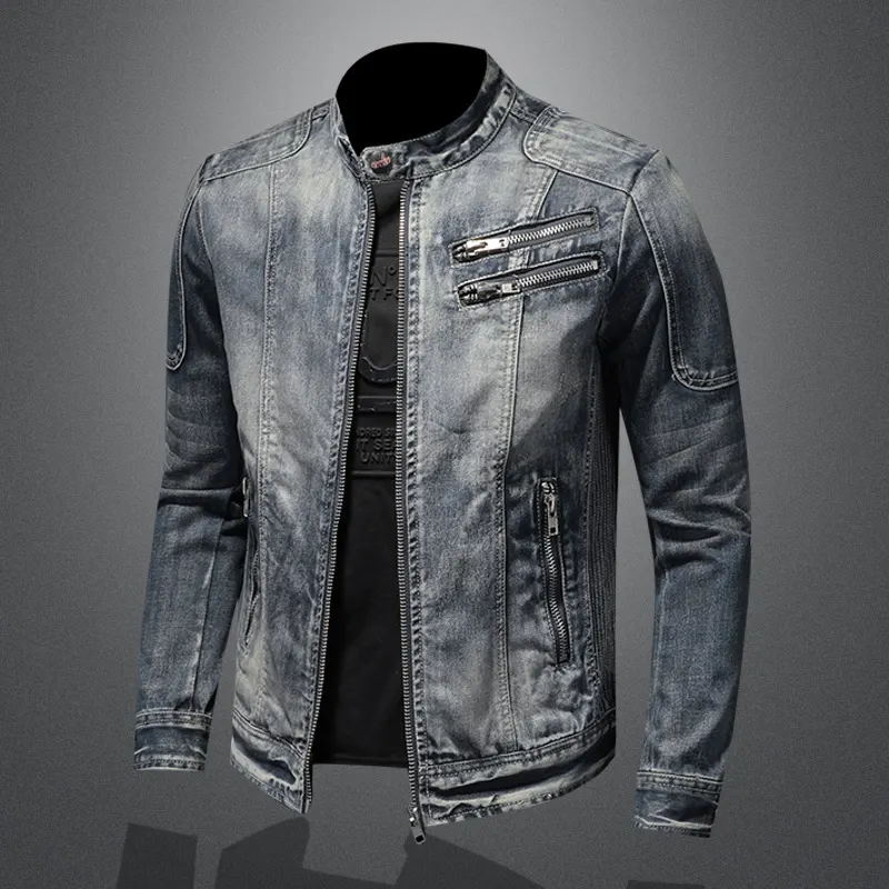 ZY 2023 Men's motorcycle denim jackets stand collar  two zipper pockets zipper placket slim fit denim jacket coat mens