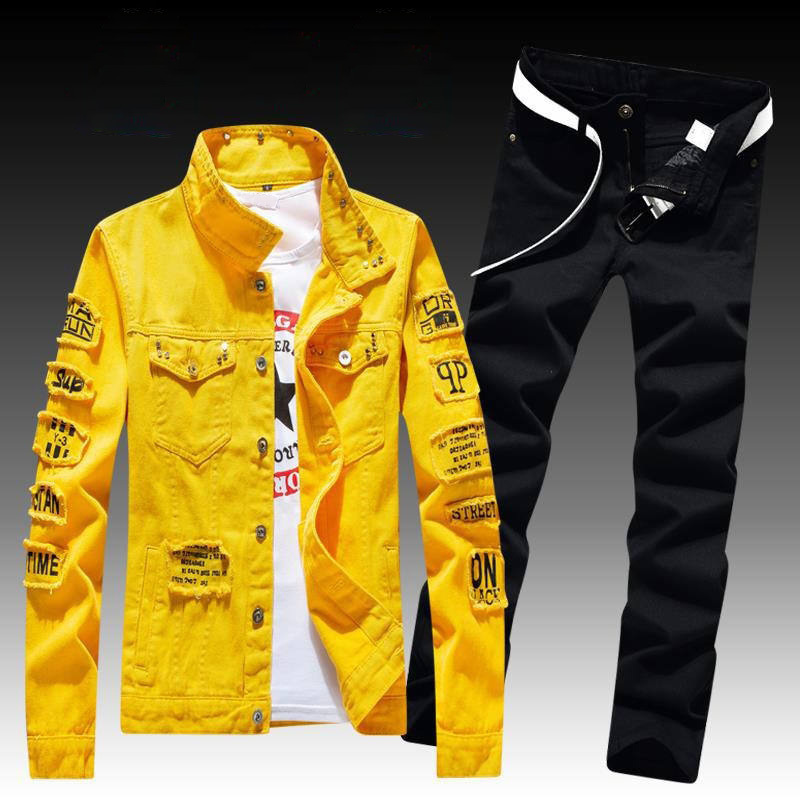 ZY street style casual mens jean suits Men's Patch Jeans Two Piece Sets custom logo denim jacket and Ripped Hole Jean for men