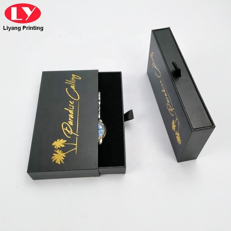 Custom Logo Printed Leatherette Drawer Box Foam Insert Rigid Style Watch Packaging