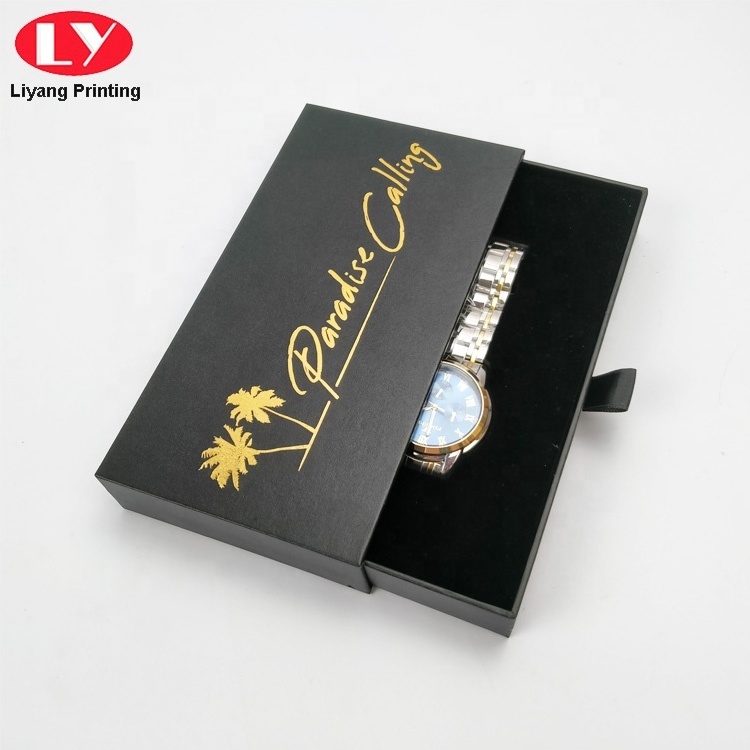 Custom Logo Printed Leatherette Drawer Box Foam Insert Rigid Style Watch Packaging