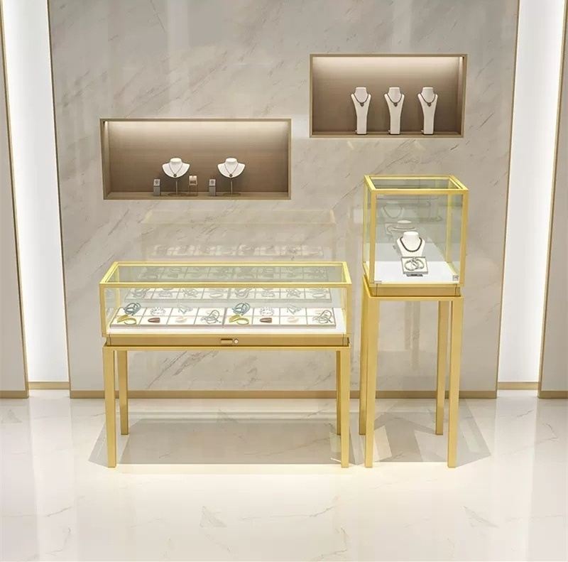 wholesale Luxury Showroom Counter Stainless Steel Store Furniture Glass Jewelry Display Showcase Jewelry Cabinets with Led light