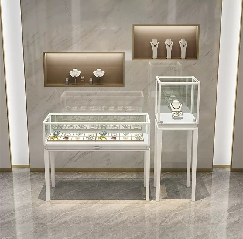 wholesale Luxury Showroom Counter Stainless Steel Store Furniture Glass Jewelry Display Showcase Jewelry Cabinets with Led light