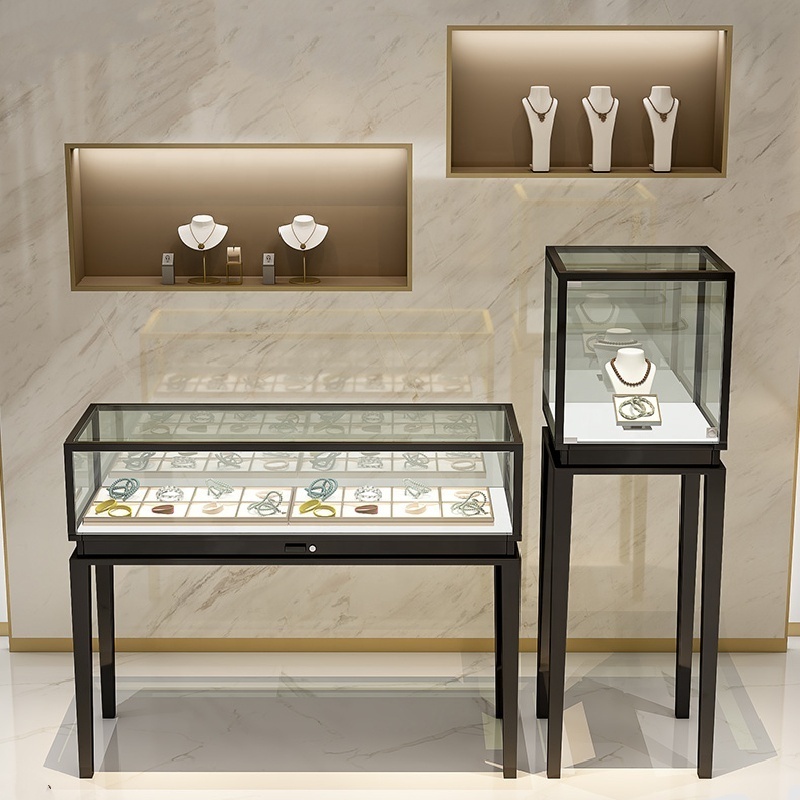 wholesale Luxury Showroom Counter Stainless Steel Store Furniture Glass Jewelry Display Showcase Jewelry Cabinets with Led light