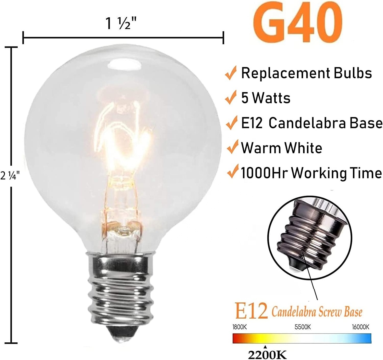 25Pack G40 Replacement Bulb with E12 Candelabra base Incandescent Light Bulb