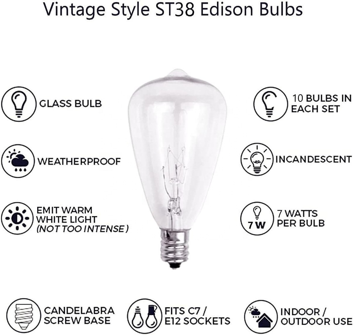 Wholesale outdoor waterproof connectable Edison light UL ST38 light string 10 pack incandescent light camping