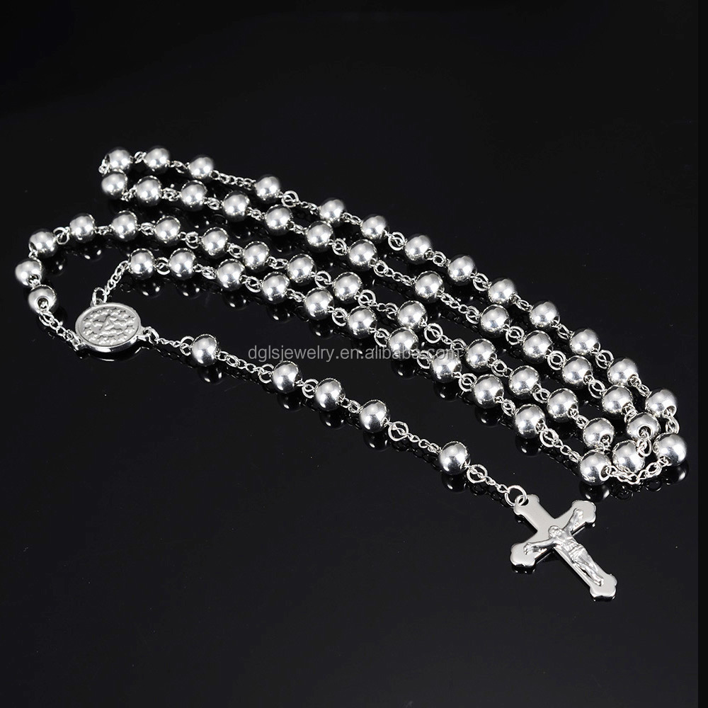 Stainless Steel Beads Silver Cross Jesus Rosary Necklace