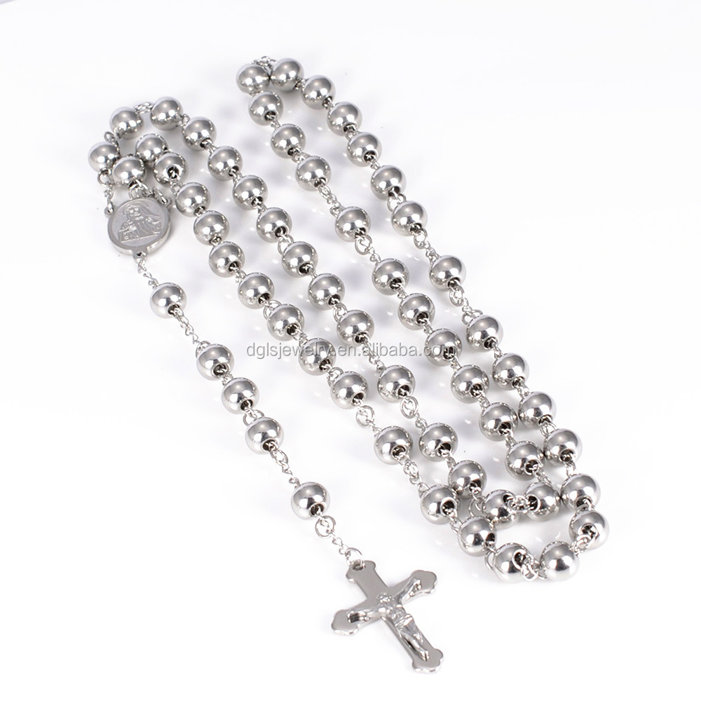 Stainless Steel Beads Silver Cross Jesus Rosary Necklace