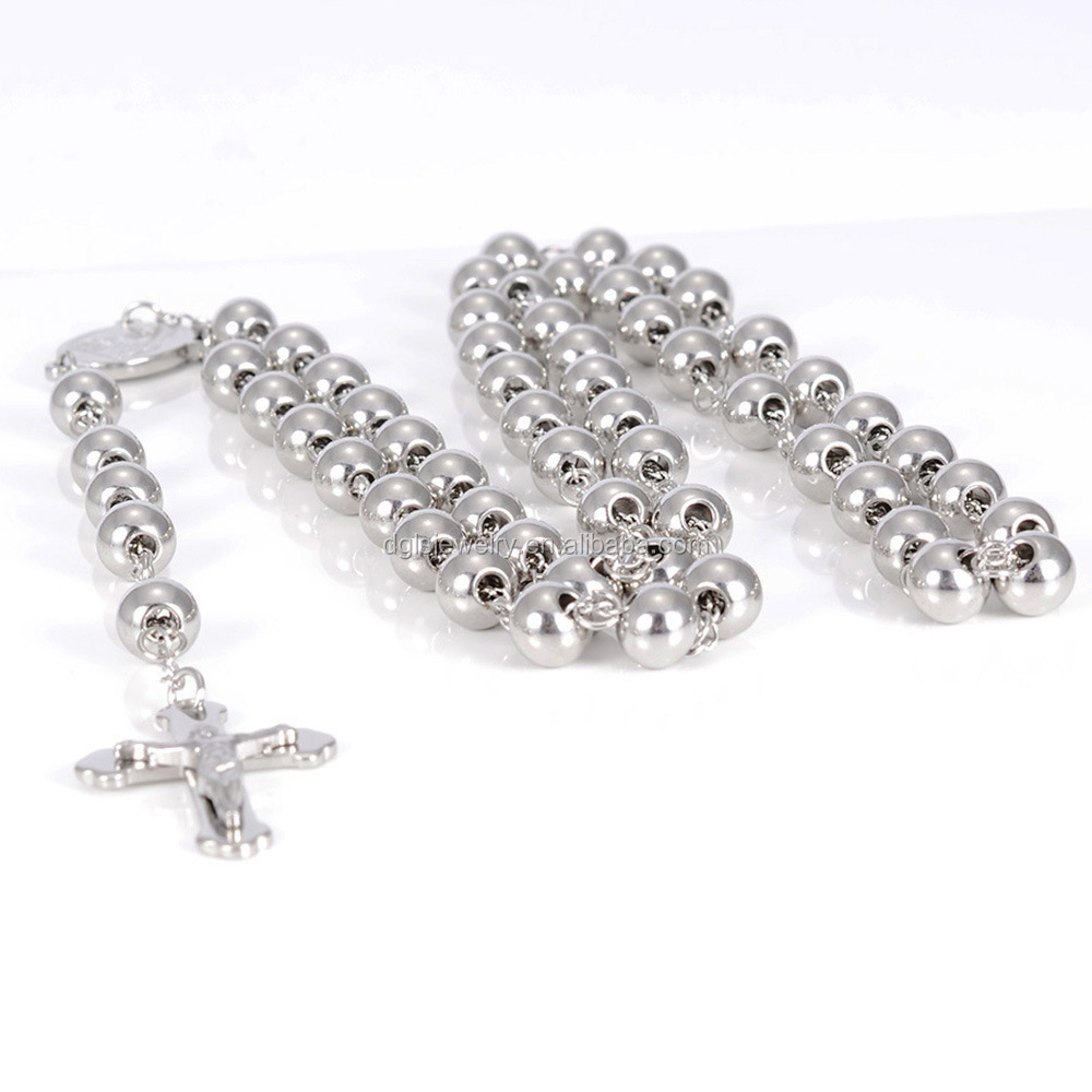 Stainless Steel Beads Silver Cross Jesus Rosary Necklace