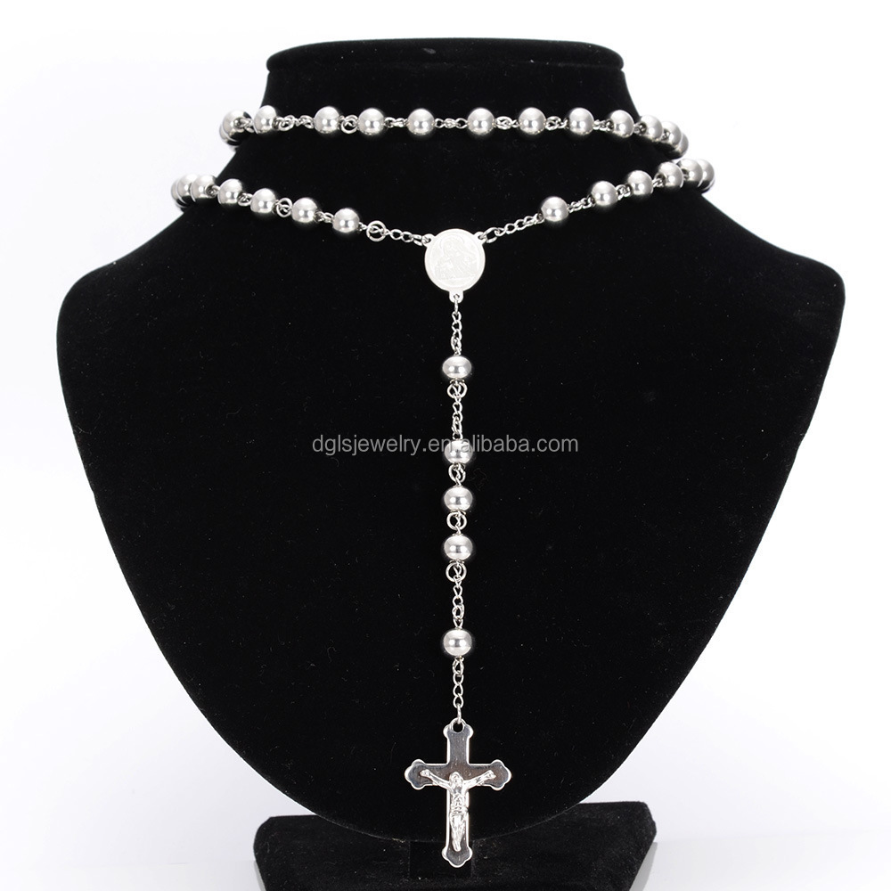 Stainless Steel Beads Silver Cross Jesus Rosary Necklace