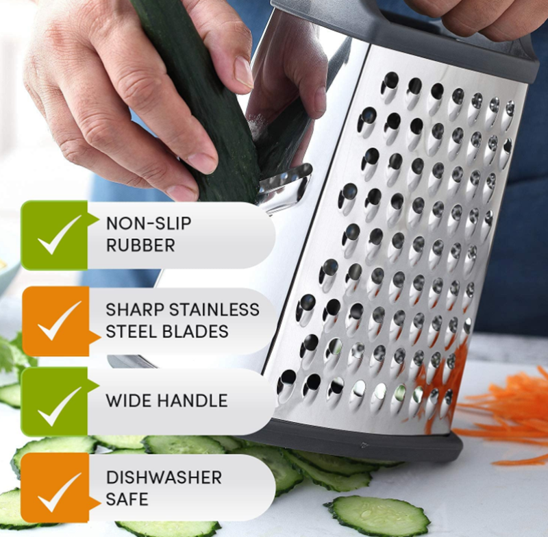 New Arrivals Professional Stainless Steel Box Grater with 4 Sides, Best for Parmesan Cheese, Vegetables, Ginger