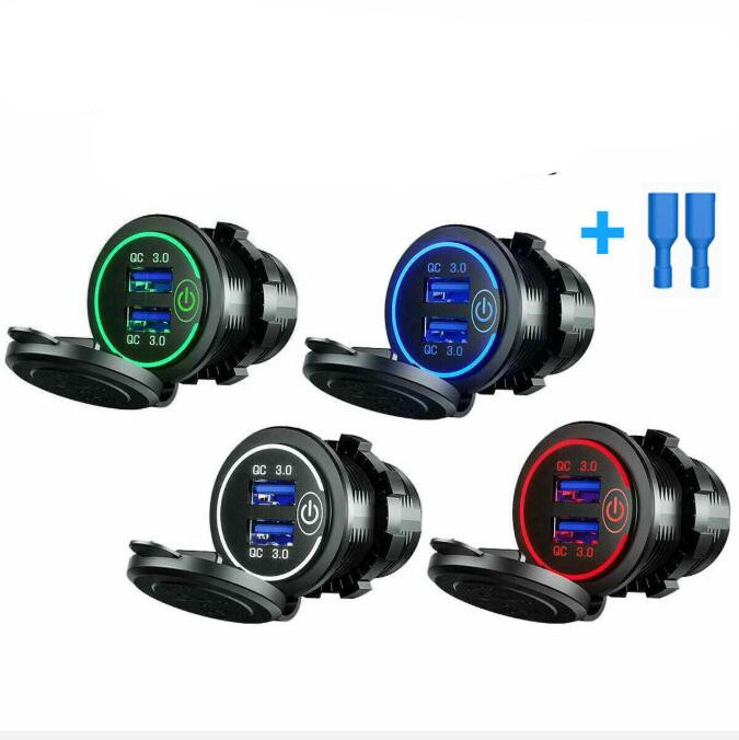 Blue LED 12V Car Cigarette Power Quick Socket Car Touch Switch Dual QC3.0 USB Fast Charger Socket Power Outlet LED