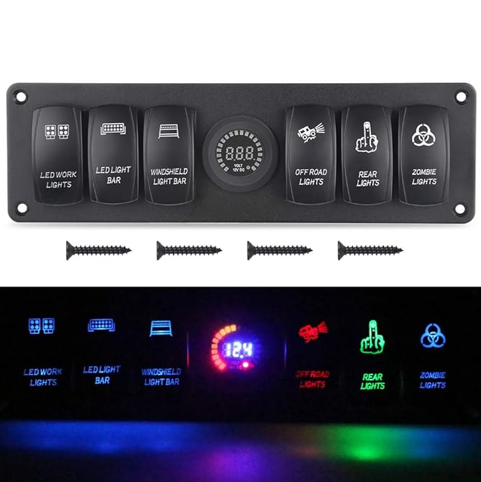 6 Gang Toggle Rocker Switch Panel Colorful LED Voltmeter for RV Car Marine USB Socket for Car 12V Switch Panel