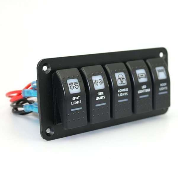 Boat Marine RV Truck Blue LED 12V to 24V Printed or Laser 5 Gang Aluminum ON-OFF Rocker Switch Panel