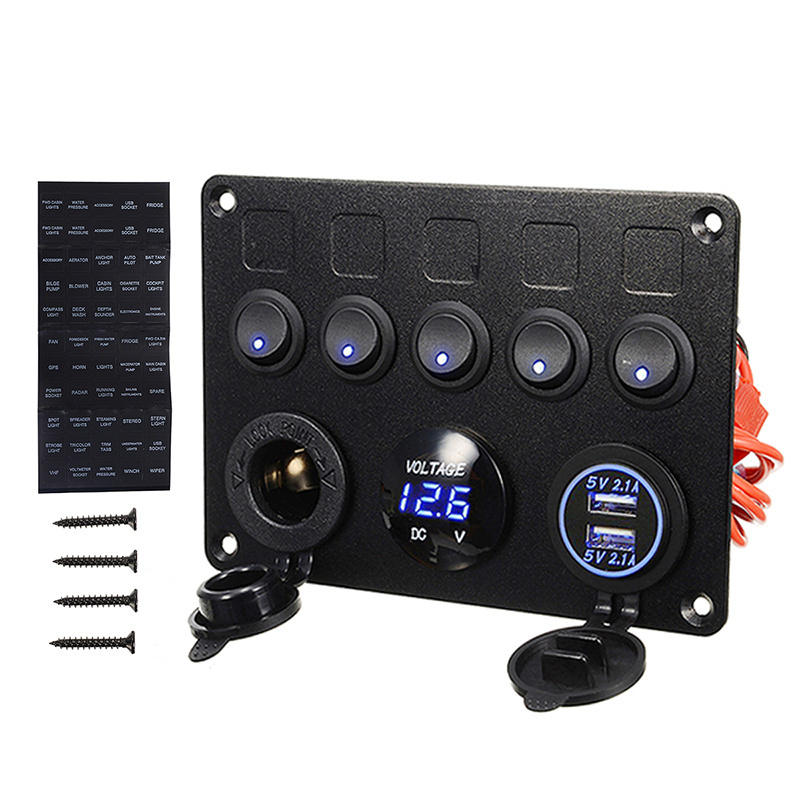 Universal LED 5 Rocker Switch USB Voltmeter Power Socket Panel Waterproof For 12V 24V Yacht Caravan Truck Marine Boat